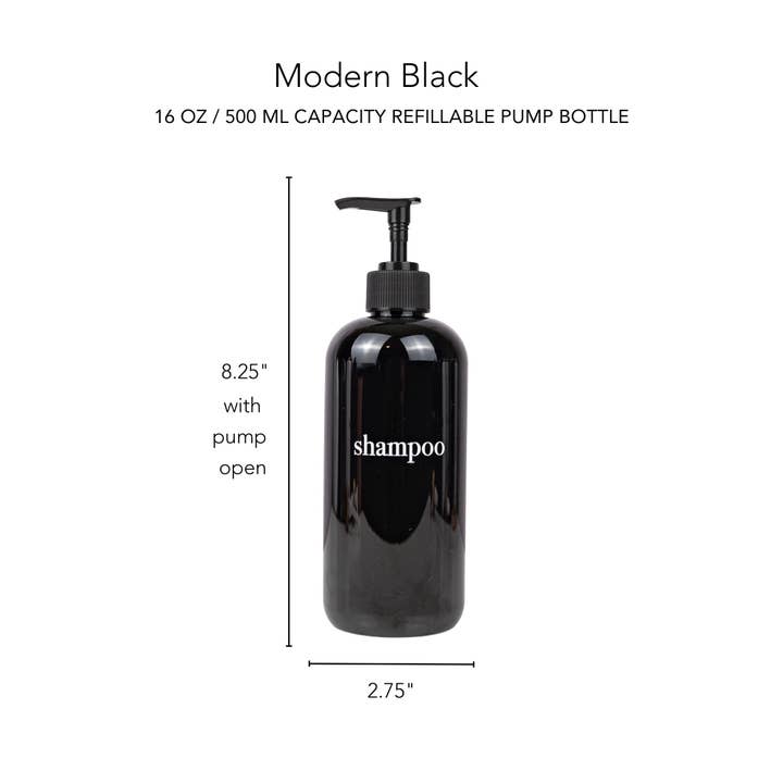 Joie Designs Co. | Refillable Bottles - Wholesale Soap Dispenser - Black Shampoo Dispenser Sets | Black Bottles | Bamboo or Black Plastic Pumps1