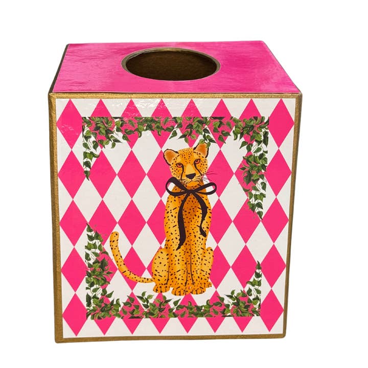 TOPICS IN THE TROPICS - Wholesale Tissue Box - Paper Mache Kleenex Box with leopard w/ blk bow and flowers