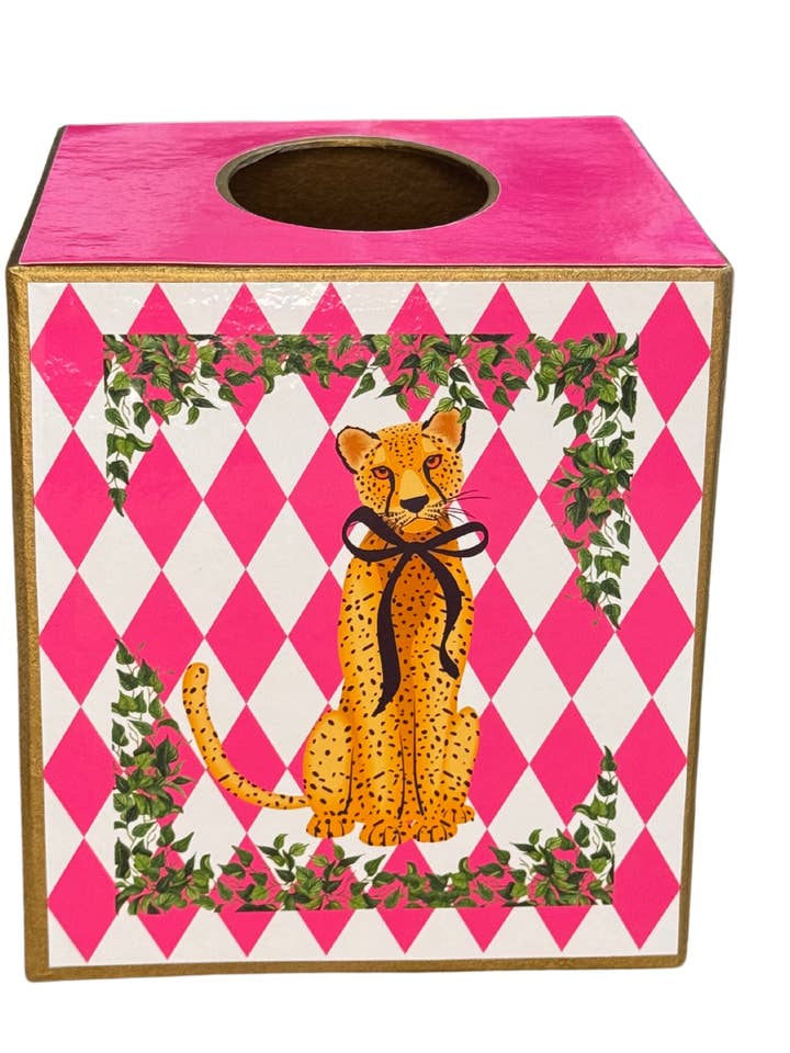 Papmaché Kleenex-boks med leopard med sort sløjfe og blomster for engroshandel hos TOPICS IN THE TROPICS