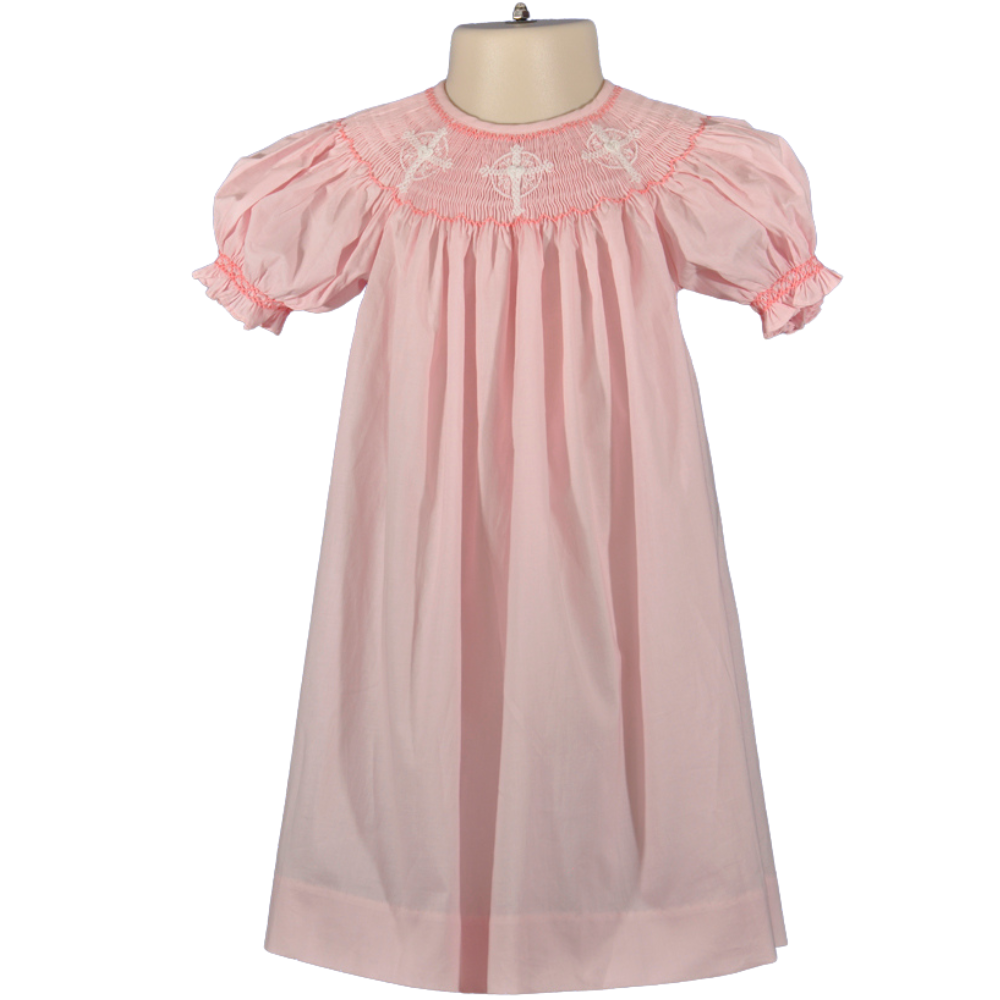 Hello Bebes! - Wholesale Dress - Kids - Light Pink Smocked Cross Short Sleeve Bishop Dress1