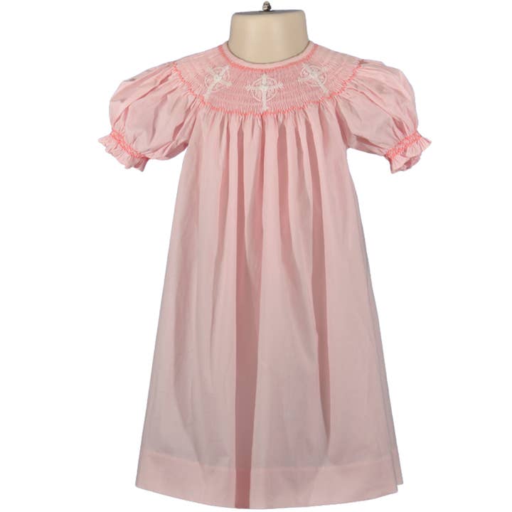 Hello Bebes! - Wholesale Dress - Kids - Light Pink Smocked Cross Short Sleeve Bishop Dress1