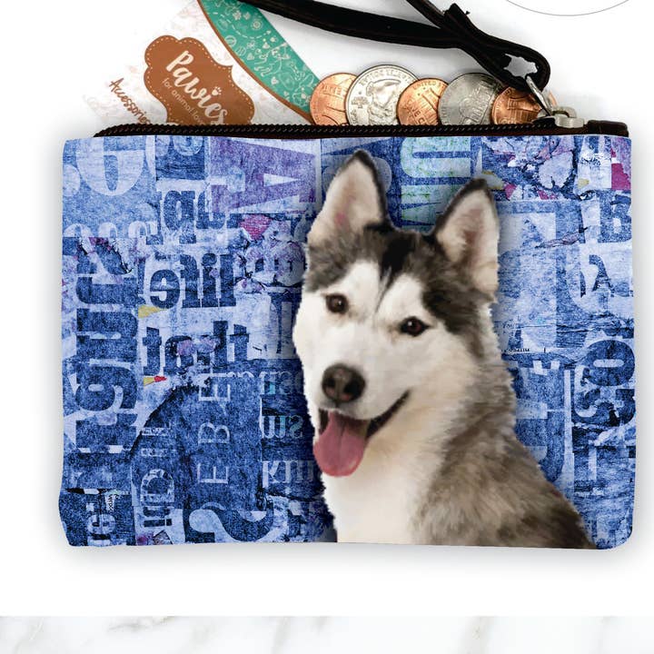 Porte-monnaie gris husky sibérien • Présentoir au sol en option pour la vente par pawies