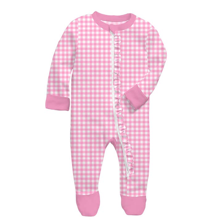 Kids Strawberry Picnic Bamboo Front Zip Onesie with ruffle for wholesale by Jane Marie