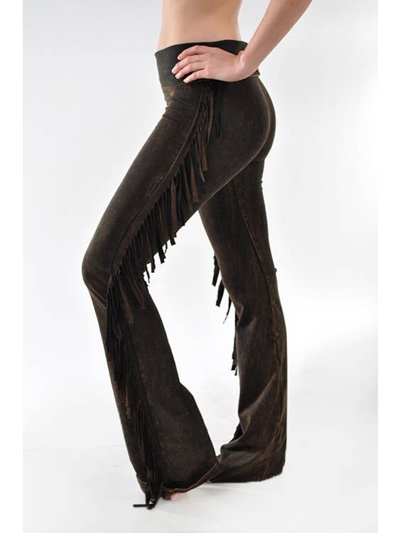 T-Party - Wholesale Pants - Women's - Mineral Wash Side Fringe Foldover Waist Bootcut Yoga Pants1
