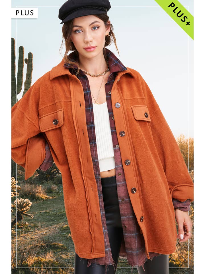 La Miel - Wholesale Shirt Jacket/Shacket - Women's - JKT1712P-Plus Size Loose Fit Button Down Fleece Shacket