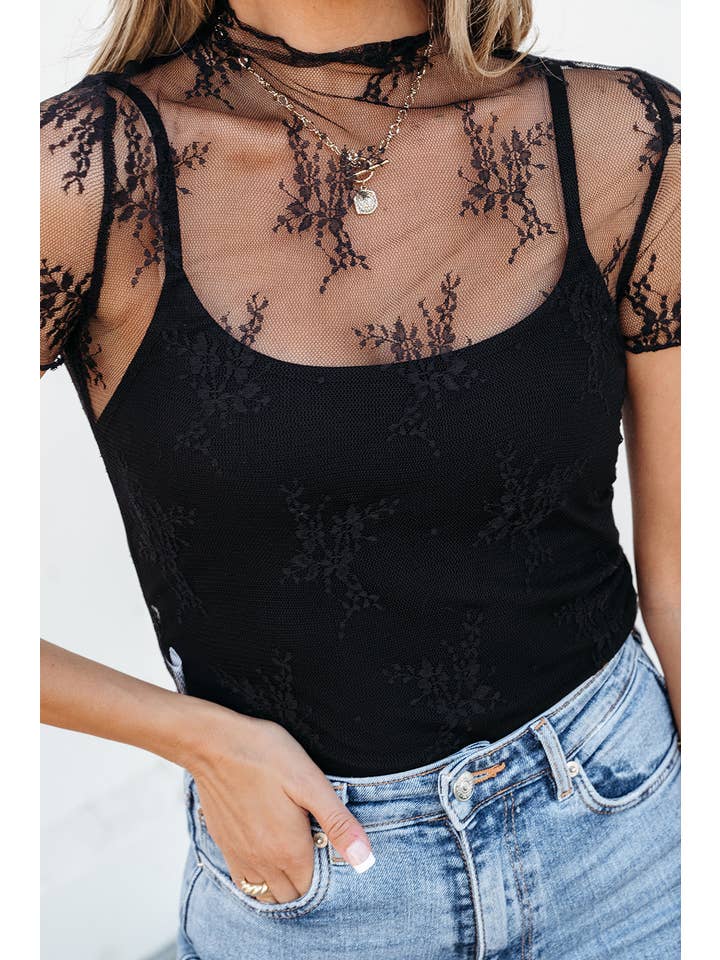 Black Floral Sheer Mesh Short Sleeve High Neck Blouse S-4X for wholesale on Faire