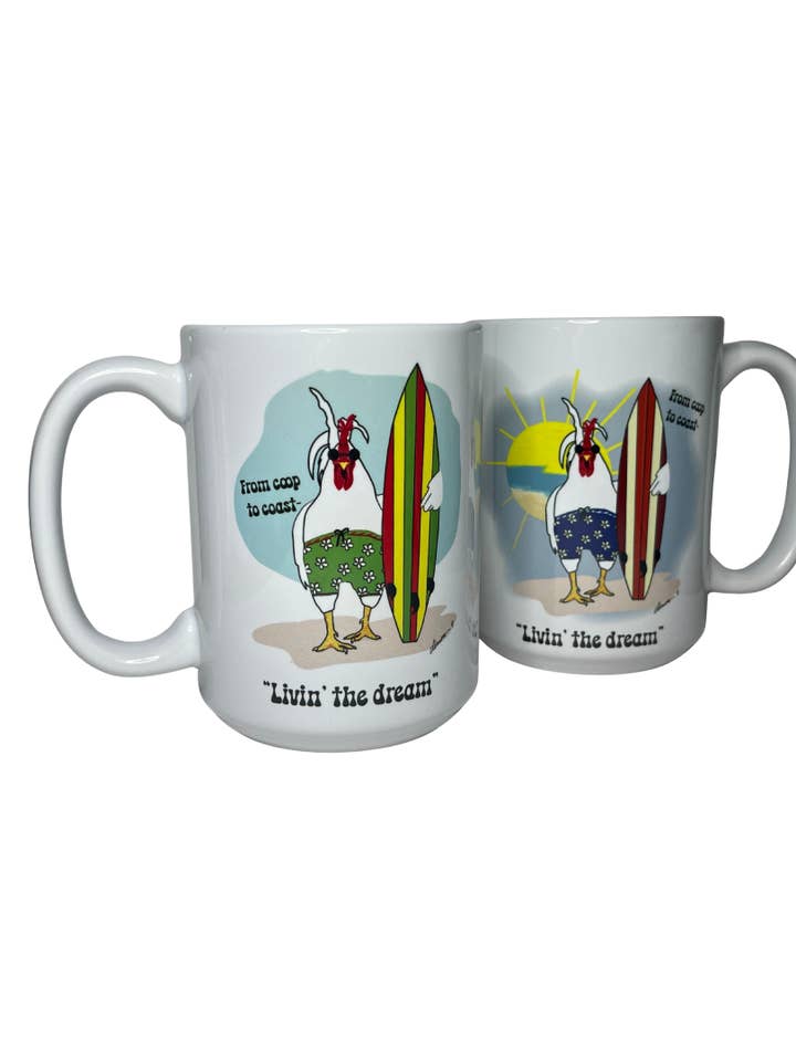 Leef de Droom Haan Mok – 15oz Surf Mok – Van Kippenhok tot Kust voor wholesale door Color Crumbs Club
