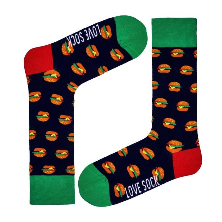 Love Sock Company Burger Novelty Crew Socks (Unisex) for wholesale by Love Sock Company