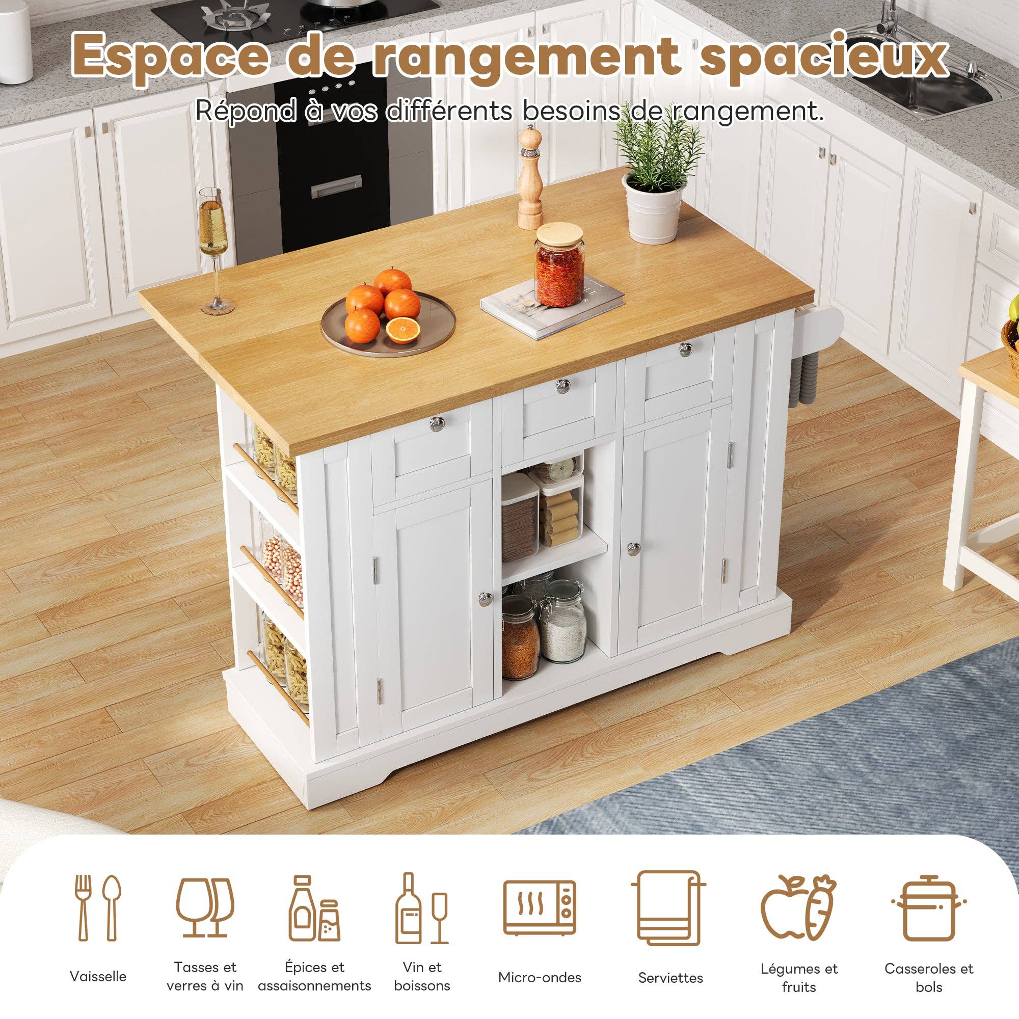 Urban Meuble - Wholesale Kitchen Storage/Organizer - White kitchen island with wood effect, extendable top, storage, and USB ports AMYLOPECT7