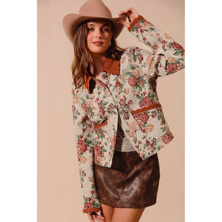 Casaco Floral Jacquard com Botões à Frente e Veludo Cotelê por atacado de IVE