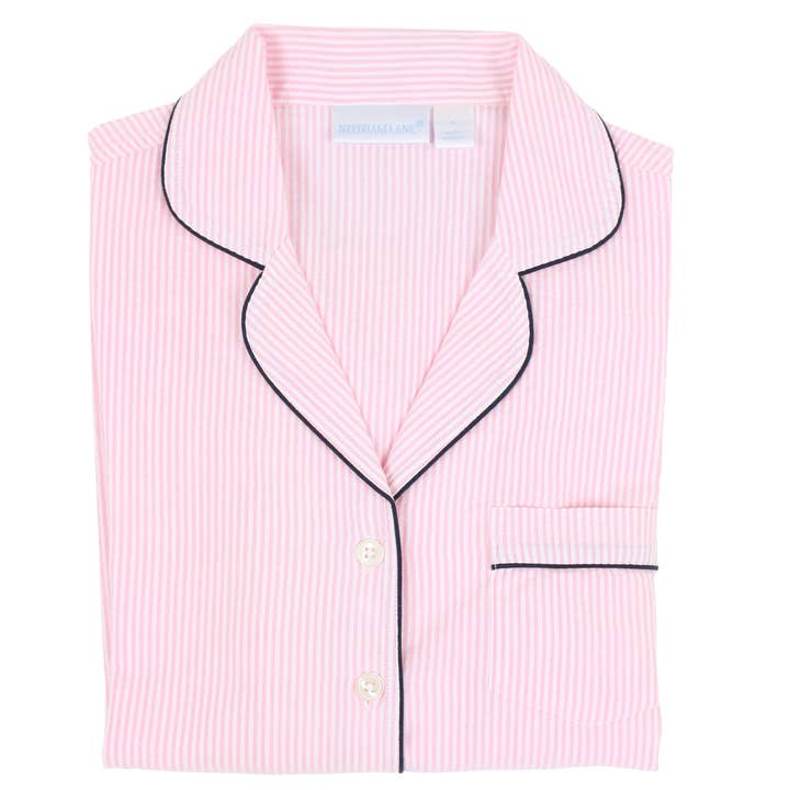 Needham Lane - Wholesale Sleepwear Set - Women's - Pink Seersucker-Navy Short Sleeve Shorty Pajamas