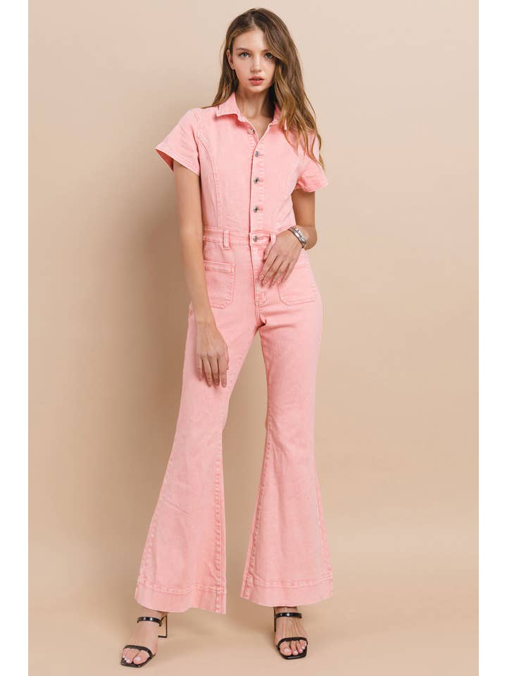 ROSE PETITE ACID WASHED BOOTCUT LEG DENIM JUMPSUIT -4330RIB for wholesale on Faire