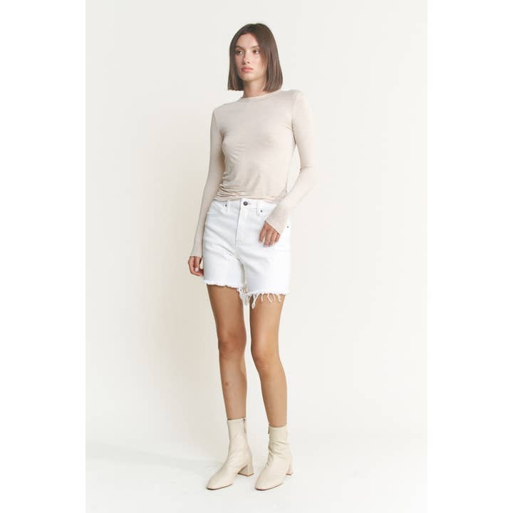 MISTY WHITE HIGH RISE DISTRESSED FRAYED HEM SHORTS for wholesale on Faire