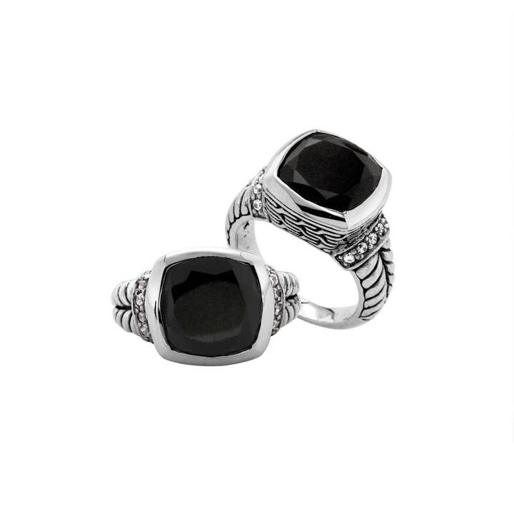 AR-6162-OX Black Onyx Quartz And Cubic Zirconia Sterling Silver Ring – Handcrafted in Bali, Indonesia for wholesale by Bali Designs