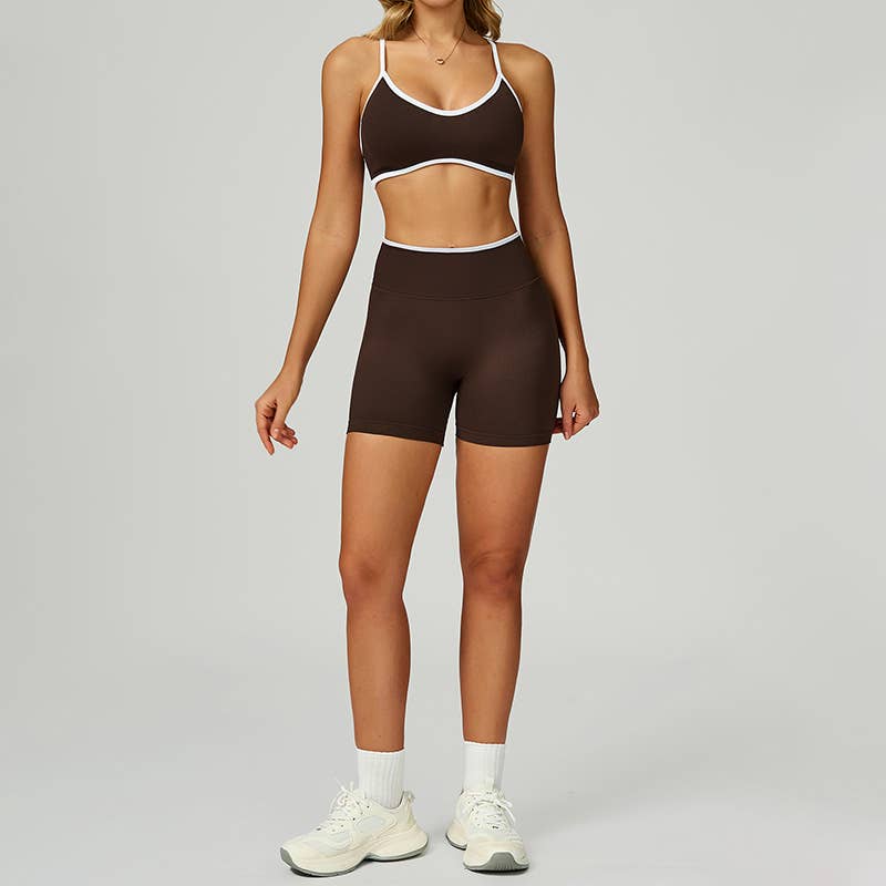 WONDERXFANS - Wholesale Activewear Set - Women's - Contrasting Color Sports Bra+High-waisted shorts 2-Piece Set8