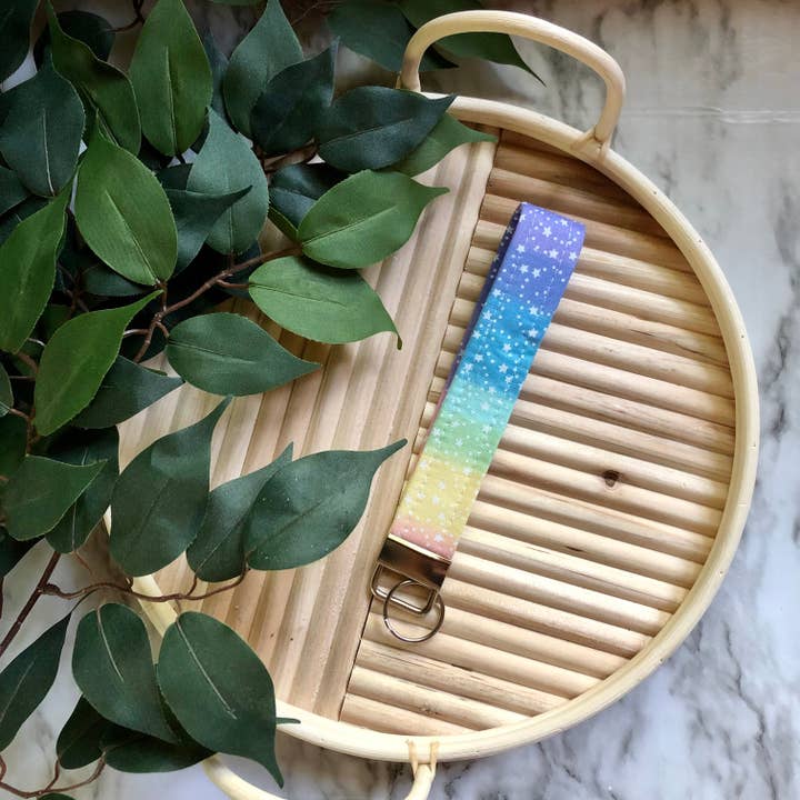 Chaveiro de tecido com estampa de arco-íris pastel e estrelas brancas, chaveiro por atacado de MDStickerShop