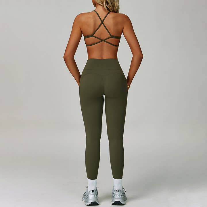 WONDERXFANS – Engroshandel Activewear-sæt – til kvinder – Krydsryg Sports-BH + Højtaljede leggings 2-delt sæt9