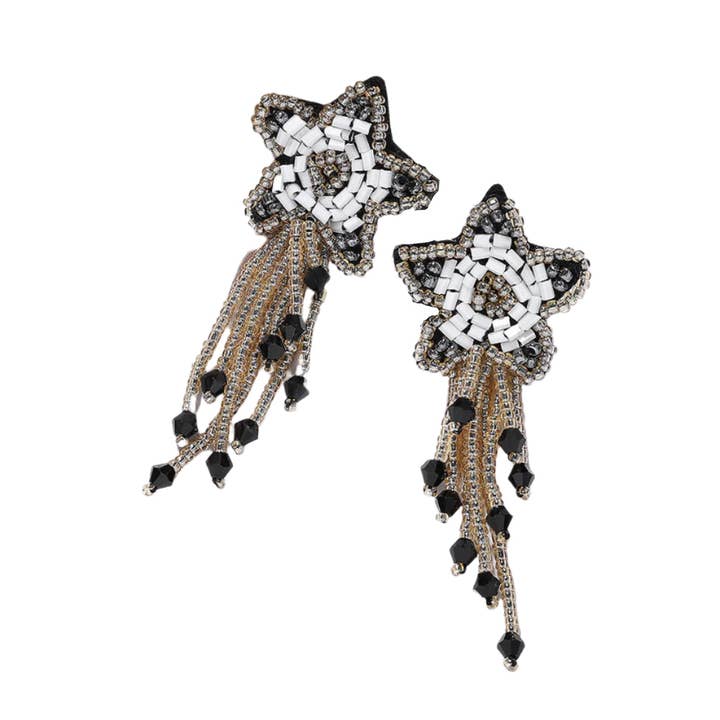 Brincos de borlas em estrela com pérolas artesanais pretas e douradas por atacado de Fleur de lys collections