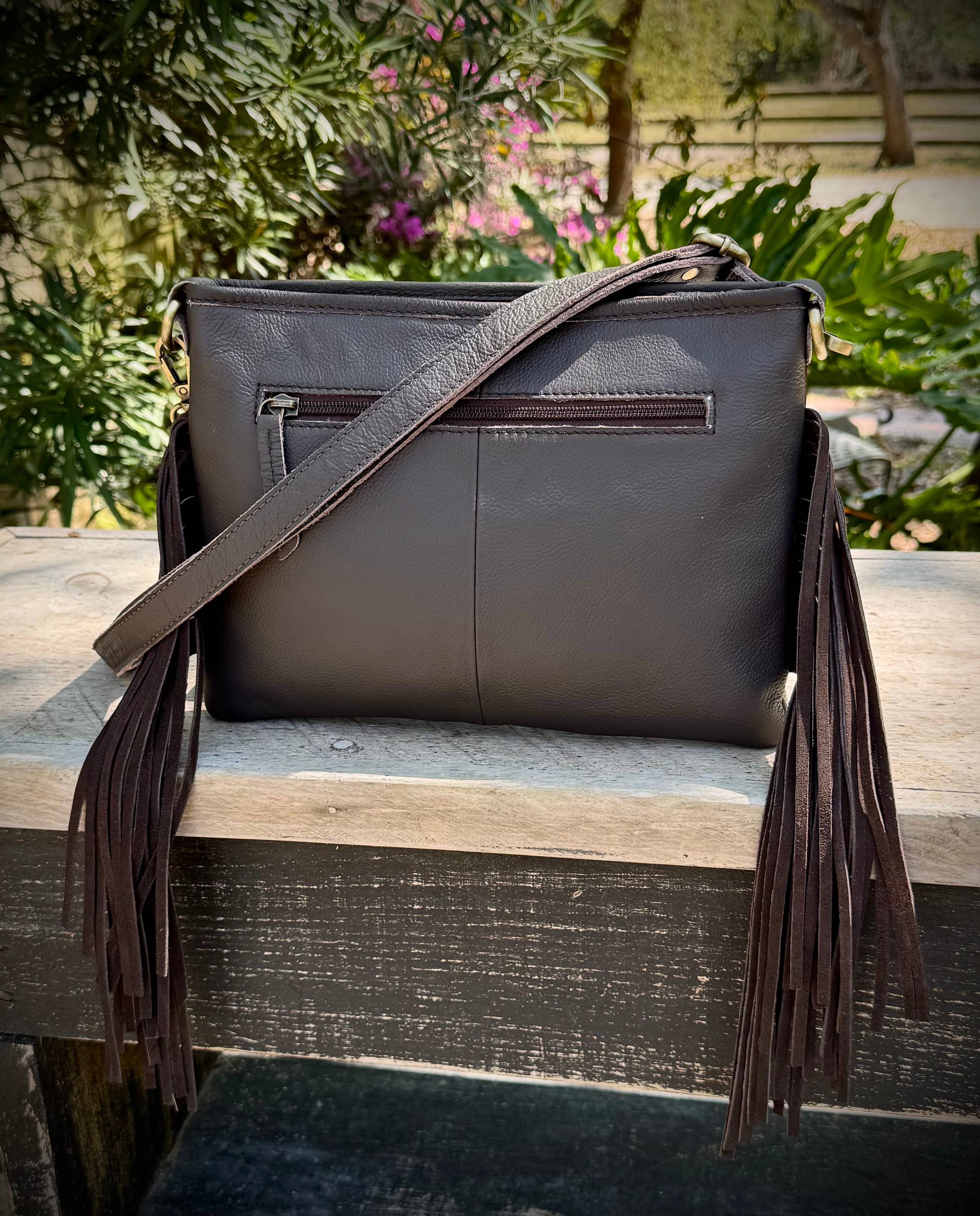 Southern Junkie Gypsy Boutique - Wholesale Crossbody Bag - Women's - Upcycled Cowhide Leather Fringe Crossbody Bag Western3
