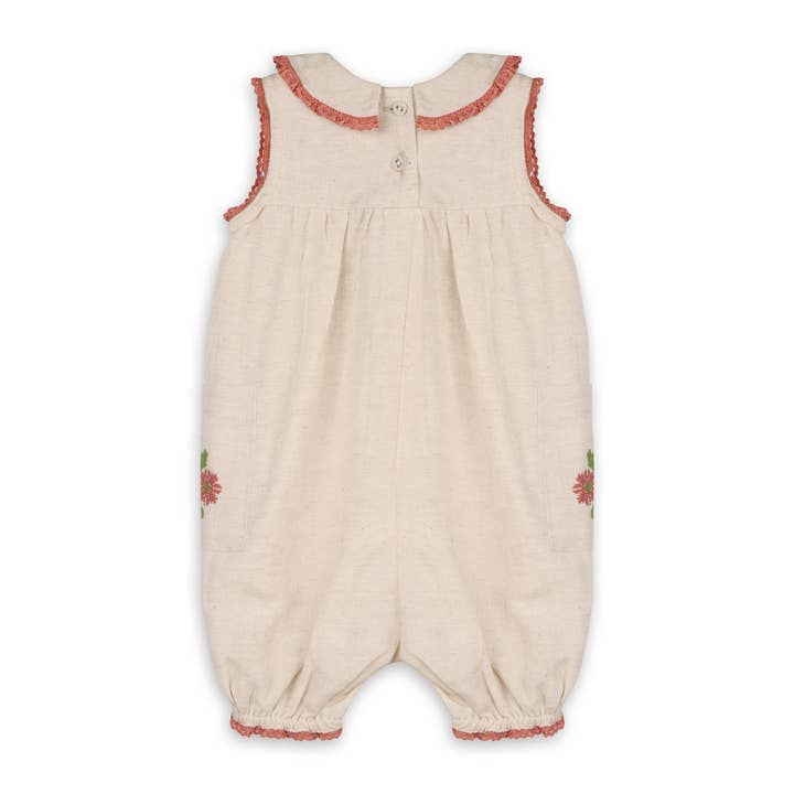 Natural Poppy Floral Embroidered Baby Romper -Linen Blend for wholesale on Faire