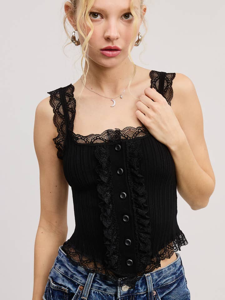 Mimosa - Wholesale Tank Top - Women's - Scalloped Lace Trim Corset-Bodice Knit Tank Top9