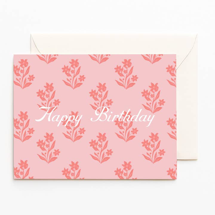 Pink Happy Birthday Block Print Card for wholesale by Olive and Lu Paper