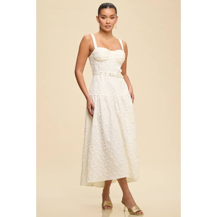 TEXTURED WOVEN MIDI BELT DRESS for wholesale by Luxxel