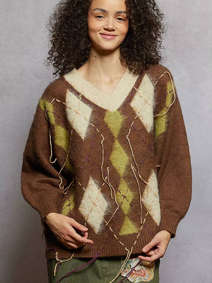 MOCHA POL V-Neck Argyle Pattern Mohair Sweater with Contrast Exposed Stitch Detail for wholesale on Faire2