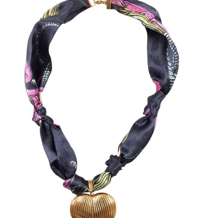Gold Heart Navy Floral Silk Scarf Necklace NC-2038 for wholesale by Simply Jewels