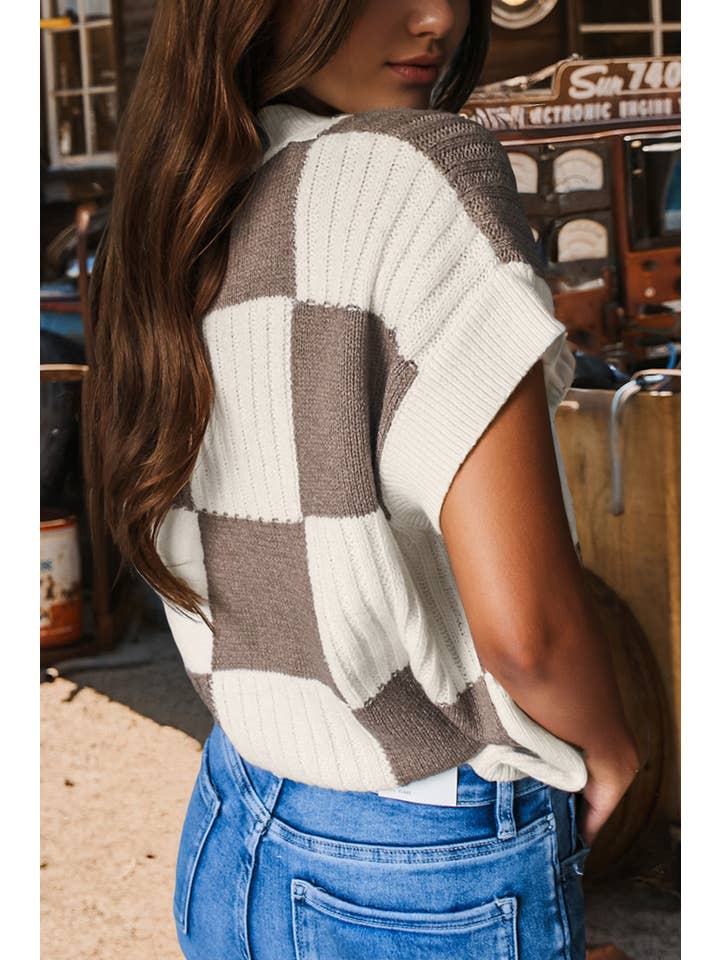 fashionworks - Wholesale Knit Sweater - Women's - Fashion-W Checkered Colorblock Short Sleeve Sweater1