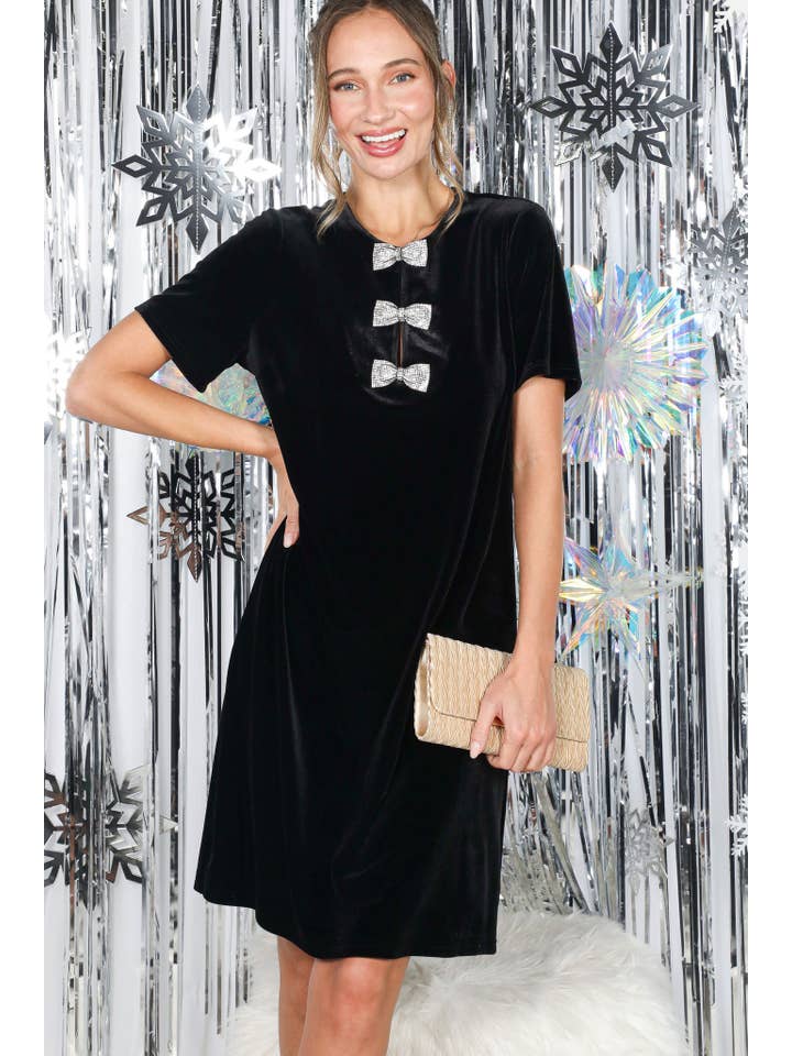 Vine & Love - Wholesale Dress - Women's - Sparkling Sequin Bow Embellished Velvet Dress VD827378