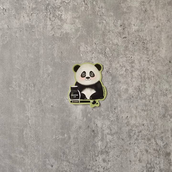 Panda with fountain pen and ink bottle vinyl sticker. for wholesale by Miyo Art Design