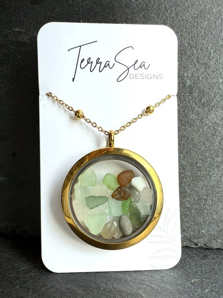 Genuine Handpicked Seaglass Locket- Gold Color for wholesale by TerraSeaDesigns