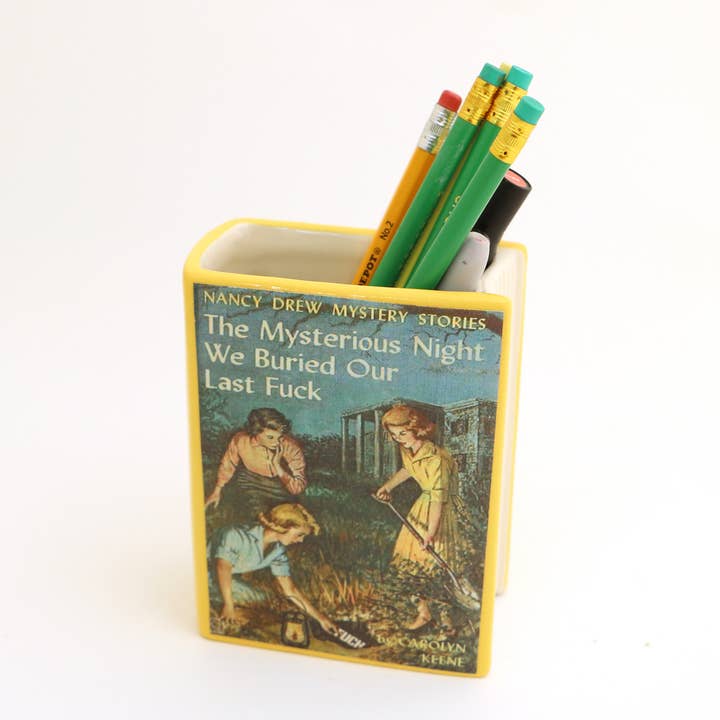Lenny Mud - Wholesale Pen & Pencil Holder - Nancy Drew Parody Book Shaped Pencil Container, decoupaged, vase