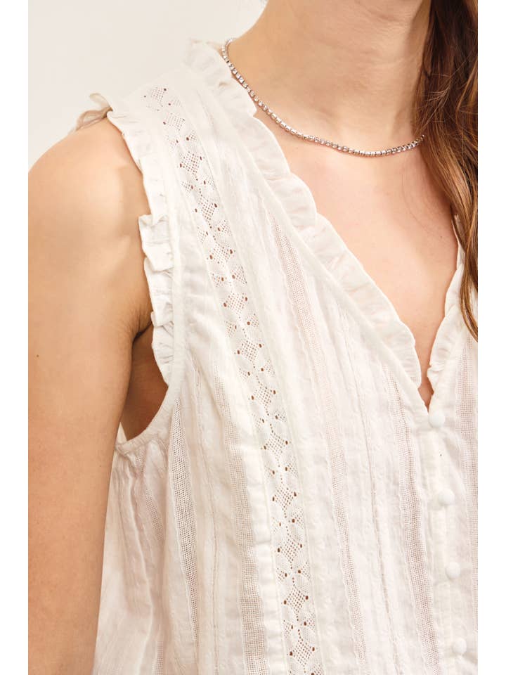 White RUFFLED V NECK BUTTON CLOSURE TOP for wholesale on Faire