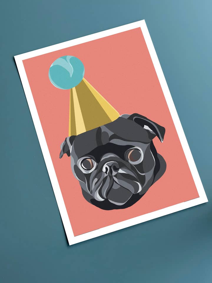 Party Pug art print - A4 - dog illustration for wholesale by That’s Nacho Doodles