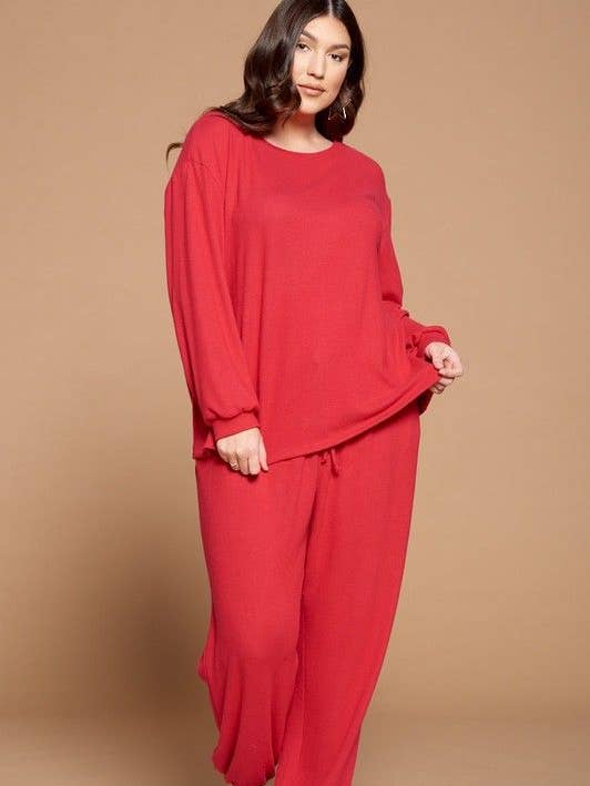 ETK-8314-PL Plus Size Solid Hacci Brush Cozy Lounge Set for wholesale by Emerald Collection