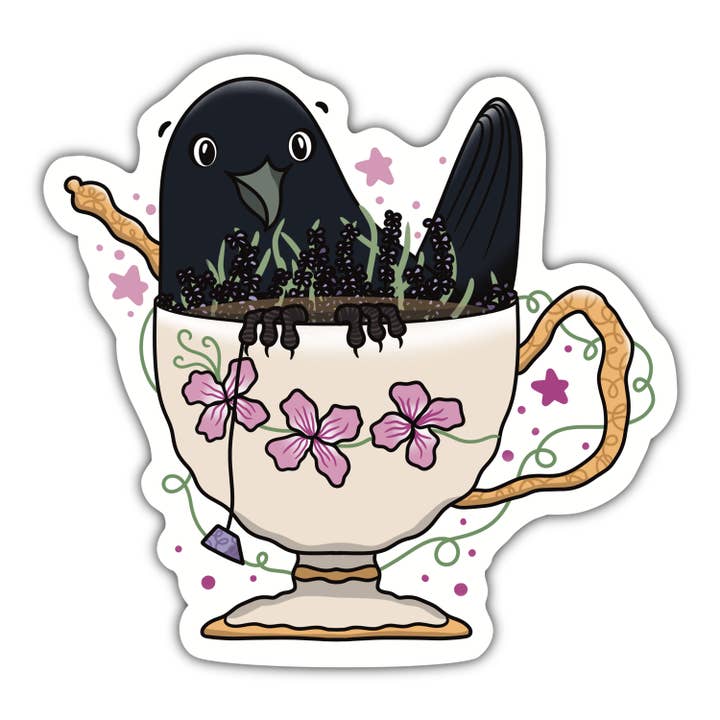 Teacup Crow - Autocollant en vinyle pour la vente par Amanda Eiden