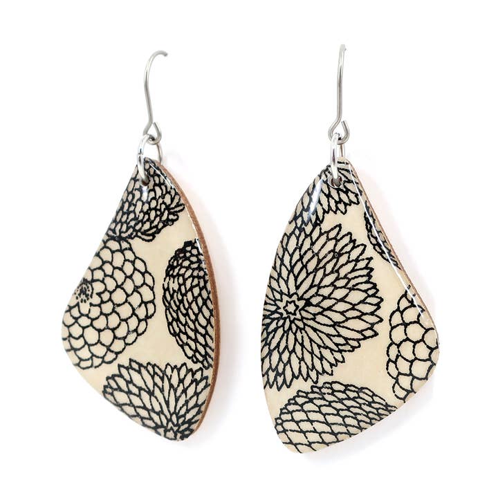Modern floral Chiyogami titanium earrings - Cream and black for wholesale by autumn + tree