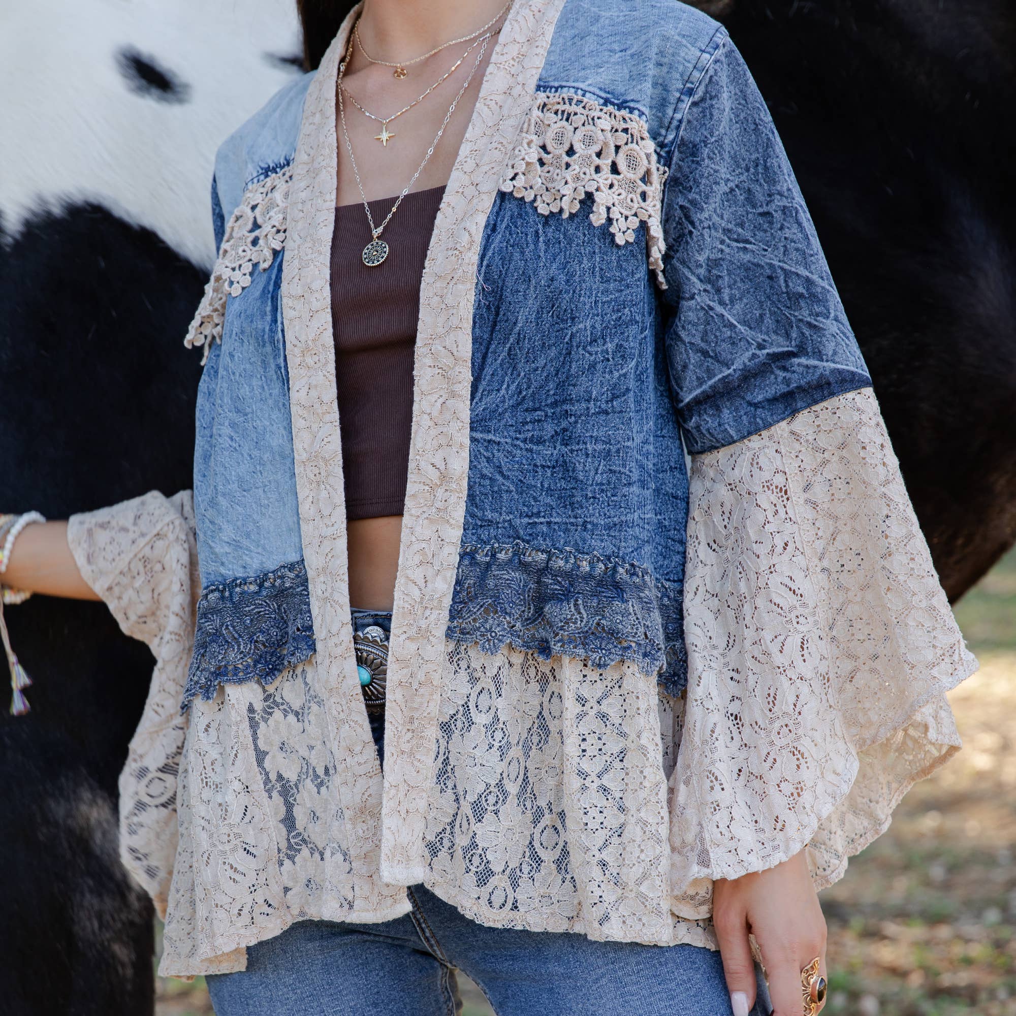 Young Threads - Wholesale Kimono - Women's - Western Boho Lace & Denim Patchwork Kimono Top NEW23