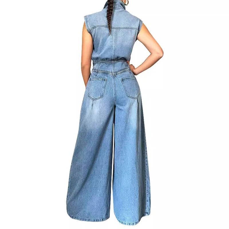 BLUE Washed Denim Sleeveless Jumpsuit Wide Leg for wholesale on Faire2