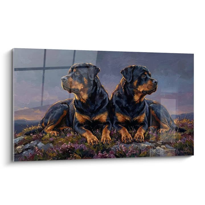 Tableau Duo de Rottweilers au Coucher du Soleil - Complicité Canine - Edition Rottweiler pour la vente par Walensky