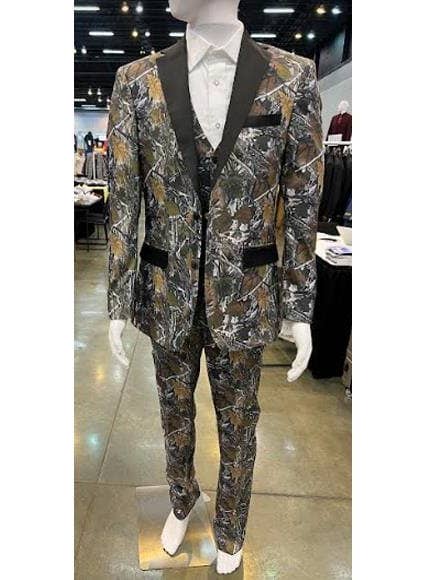 Army Green Tuxedo - Camouflage Patterned - Two Toned Vested Olive Camo Matching Bowtie 2 Button Tuxedo for wholesale by Alberto Nardoni