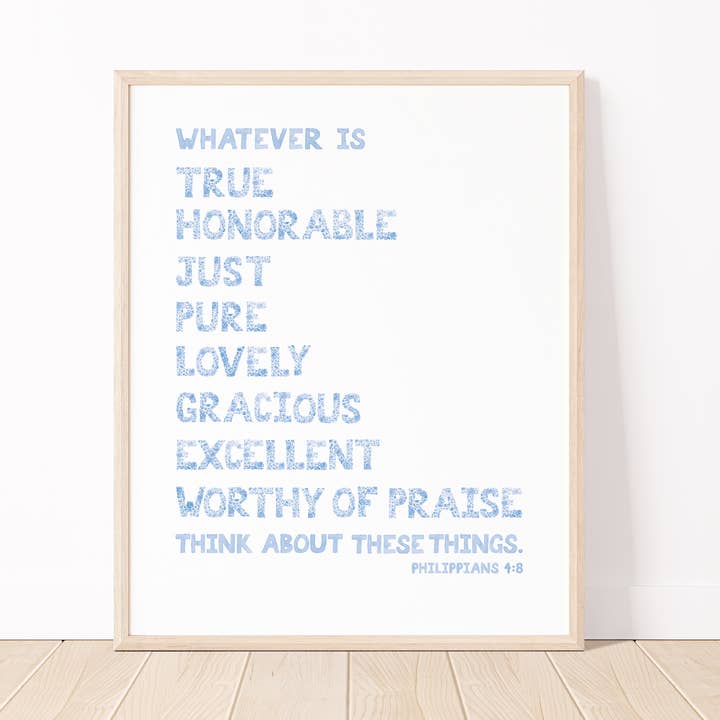 Impression artistique florale sur un verset biblique de Philippiens 4:8 pour la vente par White Clover Paper Co.