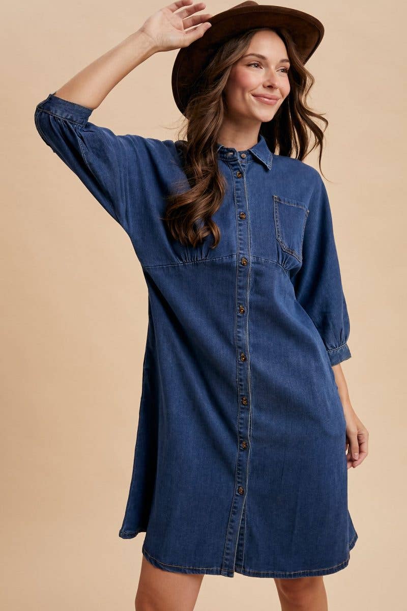 DENIM FONCÉ Robe midi en denim Lyocell extensible à manches dolman en vente sur Faire1