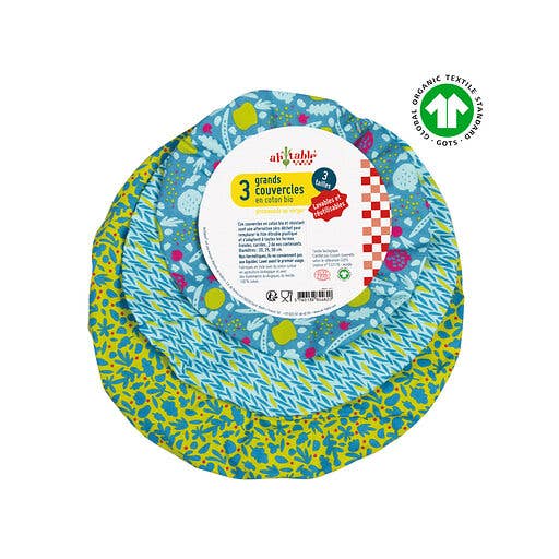 La droguerie écologique - Ah! Table! - Anaé - Venga - Wholesale Food Storage Wrap/Bag - Set of 3 large organic cotton lids "Stroll in the Orchard"