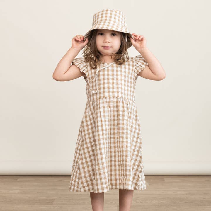 Biologische zomerjurk met flutter - bruin geruit voor wholesale door Makemake Organics