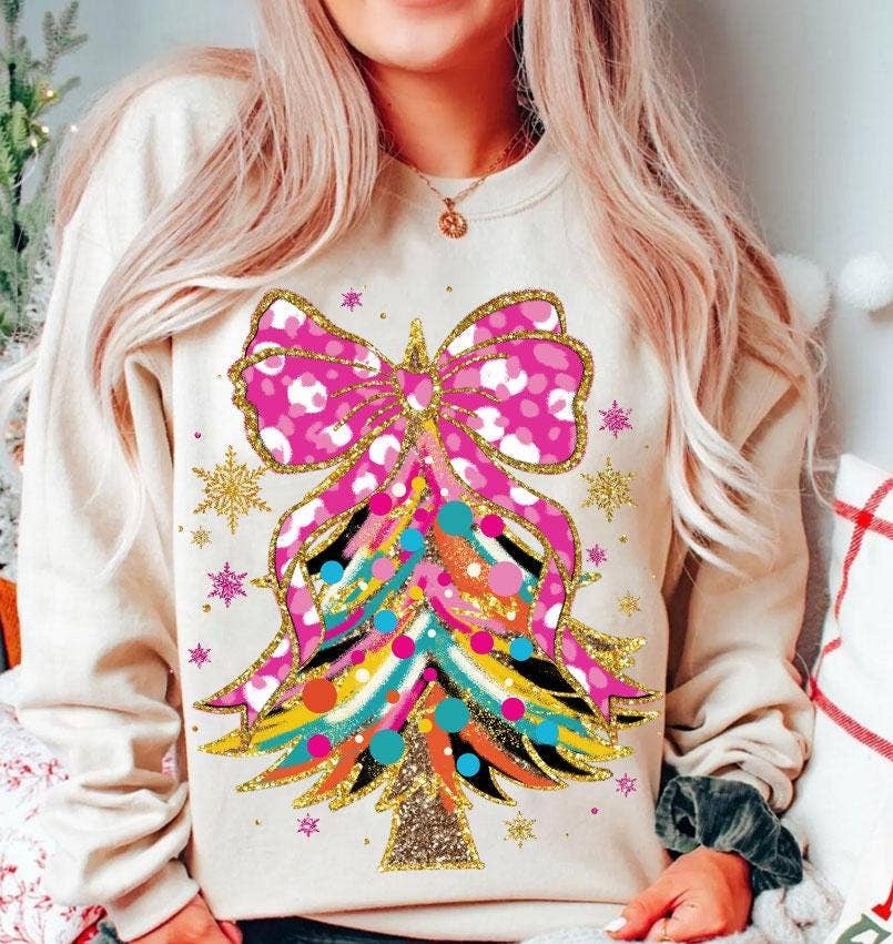 NVC Ecommerce LLC - Wholesale T-Shirt (Graphic) - Women's - Colorful Christmas Tree With Bow Tee, Merry Xmas Sweater0