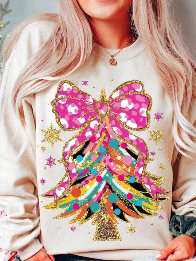 NVC Ecommerce LLC - Wholesale T-Shirt (Graphic) - Women's - Colorful Christmas Tree With Bow Tee, Merry Xmas Sweater0