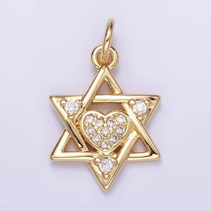 16K Gold Filled Jewish Star Heart Micro Paved CZ Charm | C292 for wholesale by Aim Eternal